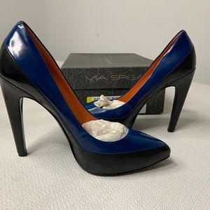 Via Spiga Leather Yardley Black/Marine Leather Platform Heel 6M